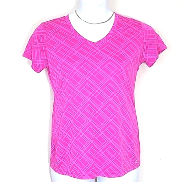 T-shirt short sleeve v Neck Athletic geometric print Fuscia Bright Pink Workout - Picture 2 of 4